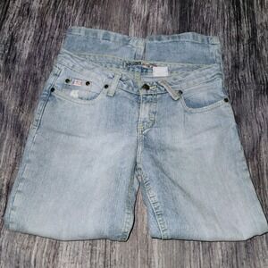 VTG Y2K Mudd Jeans Love Peace Happiness‎ Light Wash Distressed Denim Cropped